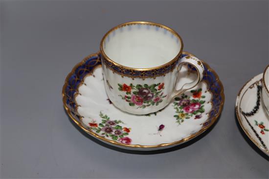 A Chelsea Derby tea bowl and saucer, a similar fluted cup an cover, c.1780, and a Worcester style cup and saucer, late 19th century,